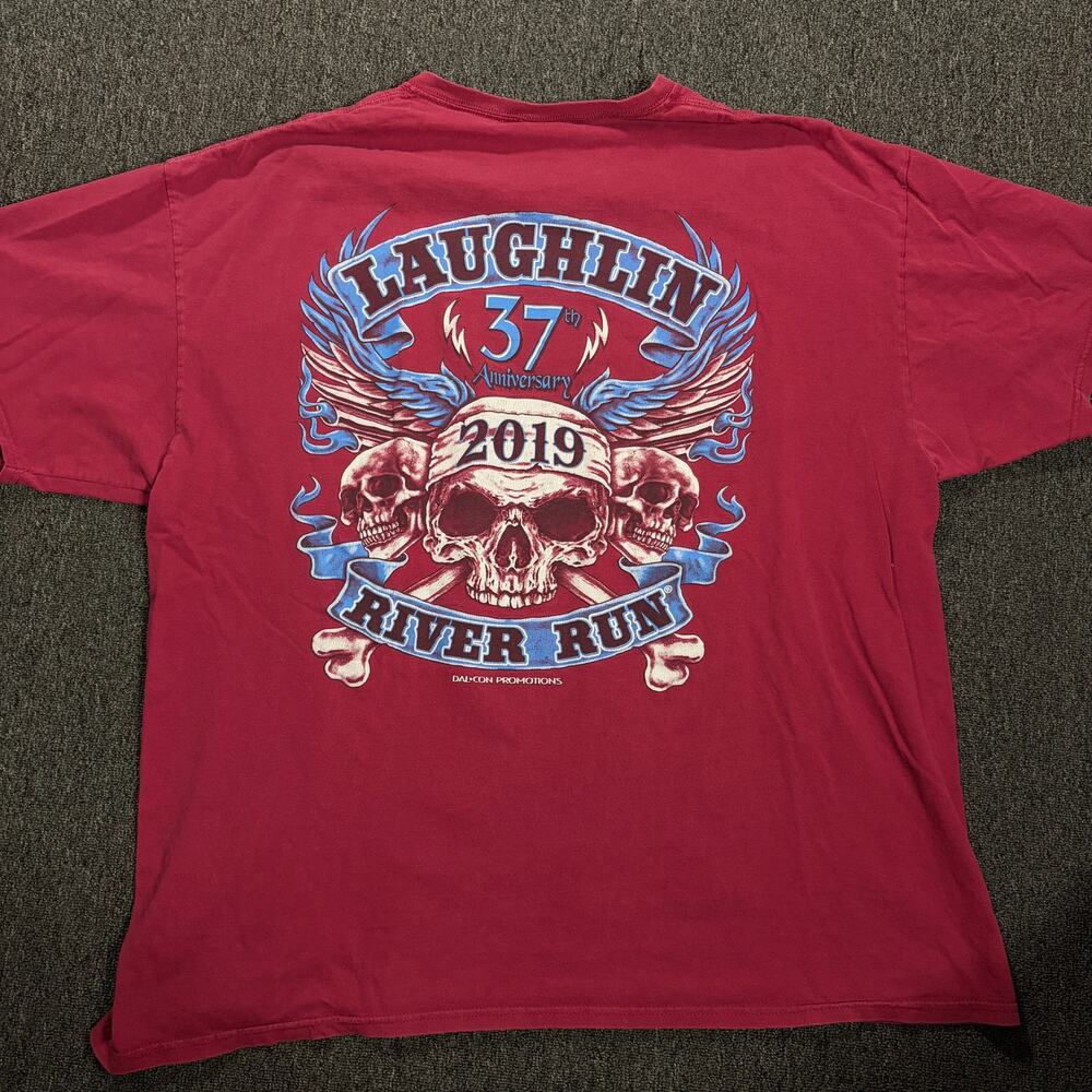 Vintage Y2k Laughlin Biker River Run Skull Crossbones Red Graphic Tee Men's XXL
